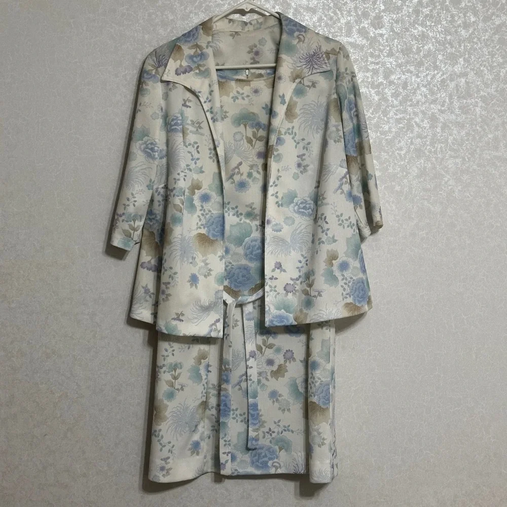 Vintage‎ 60's Floral 2 Piece Dress & Jacket Set Blue Purple Cream Cottagecore S
